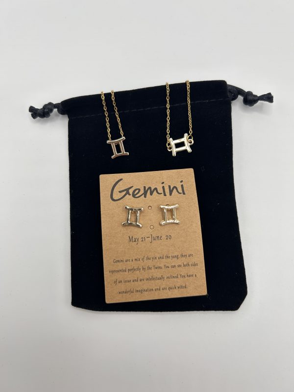 Gemini Star Sign Symbol Jewellery Set Gold Colour - Stainless Steel Necklace, bracelet and earrings